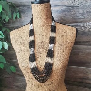 Long Beaded Statement Necklace Multicolor Black Silver Gray